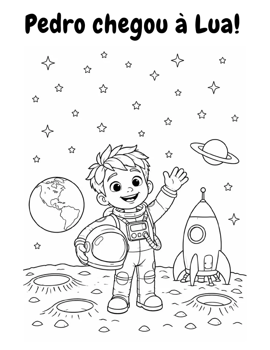 Página de colorir: um menino astronauta acenando na Lua, com foguete, Terra e estrelas.